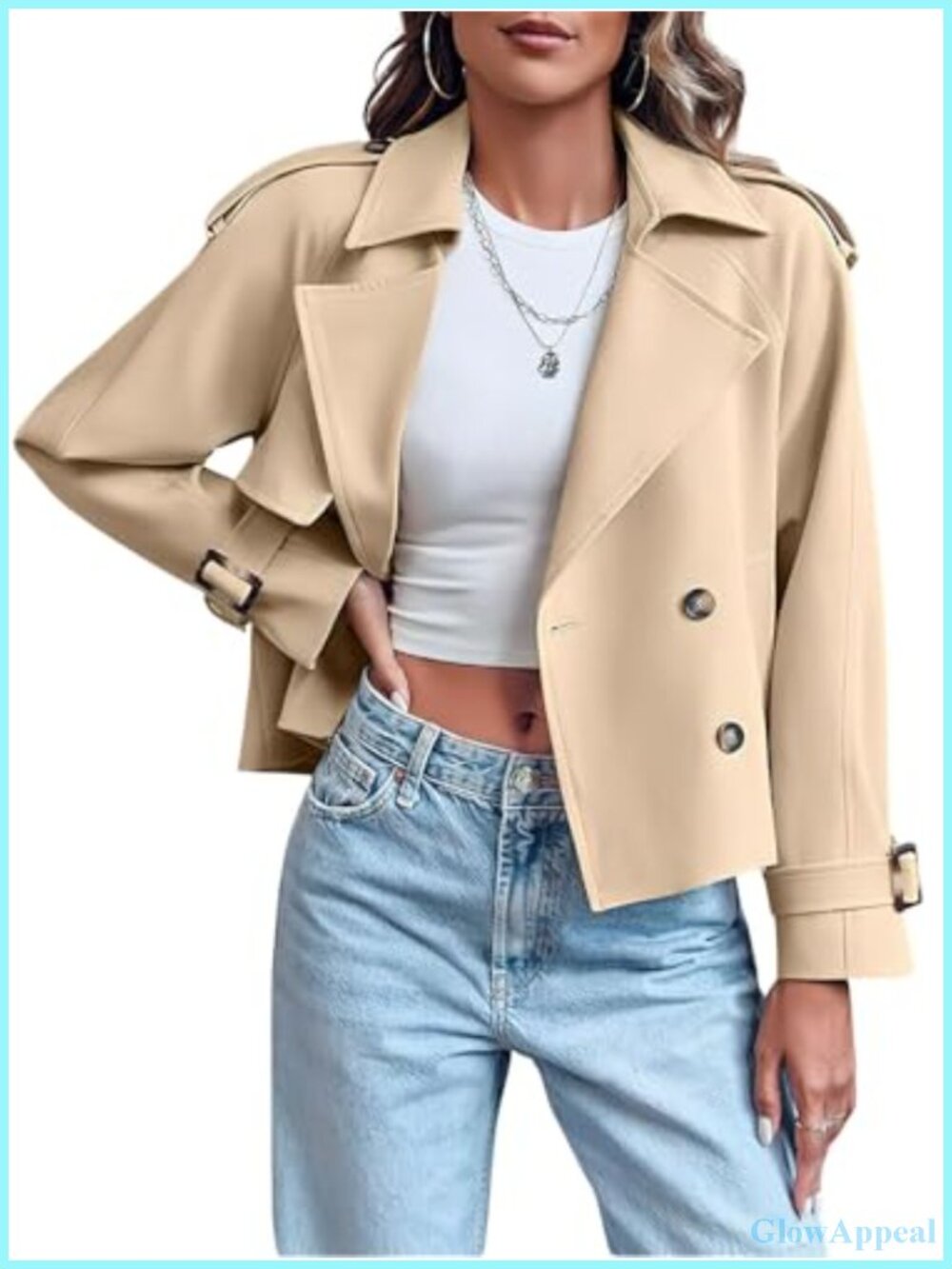 Women's Double Breasted Short Trench Coat Lapel Loose Windproof Jacket with